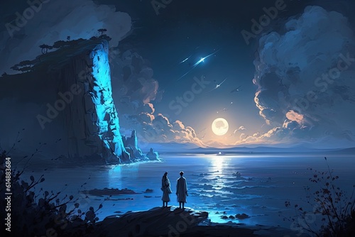 two individuals admiring the nighttime ocean view from a cliff. Generative AI