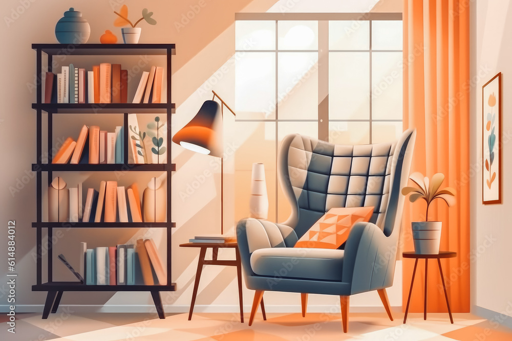 Illustration of a bright room interior with comfortable armchair in the middle and bookshelf in the background. Generative AI Illustration of a bright room interior with comfortable armchair in the middle and bookshelf in the background. Generative AI