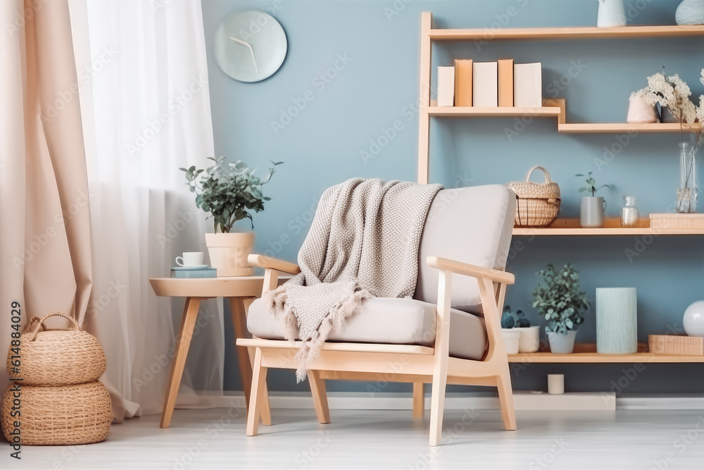 Fototapeta premium Beautiful bright room interior with comfortable armchair in the middle and bookshelf in the background. Generative AI