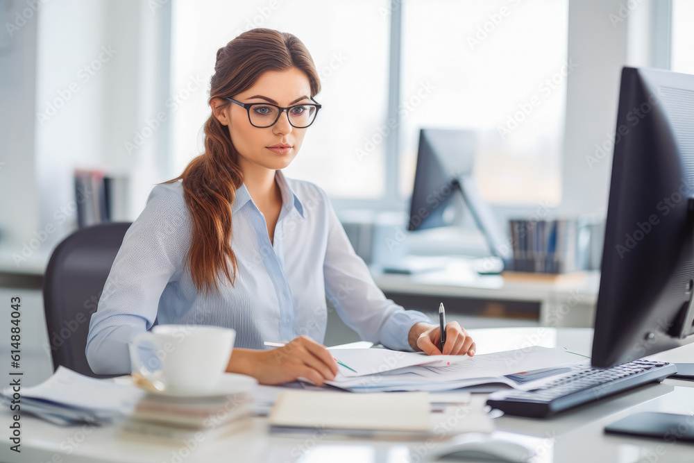 Young attractive secretary working on papers and answering a phone, looking professional. Generative AI Young attractive secretary working on papers and answering a phone, looking professional. Generative AI