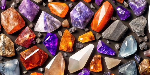 A lot of crystals and gemstones on a dark background. Natural minerals such as agate, amber, amethyst, quartz and others. A scattering of precious stones. Generative AI
