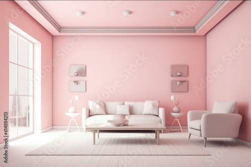 Beautiful interior of the living room with comfortable sofa in plain monochrome pastel pink color. Generative AI