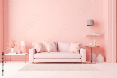 Beautiful interior of the living room with comfortable sofa in plain monochrome pastel pink color. Generative AI