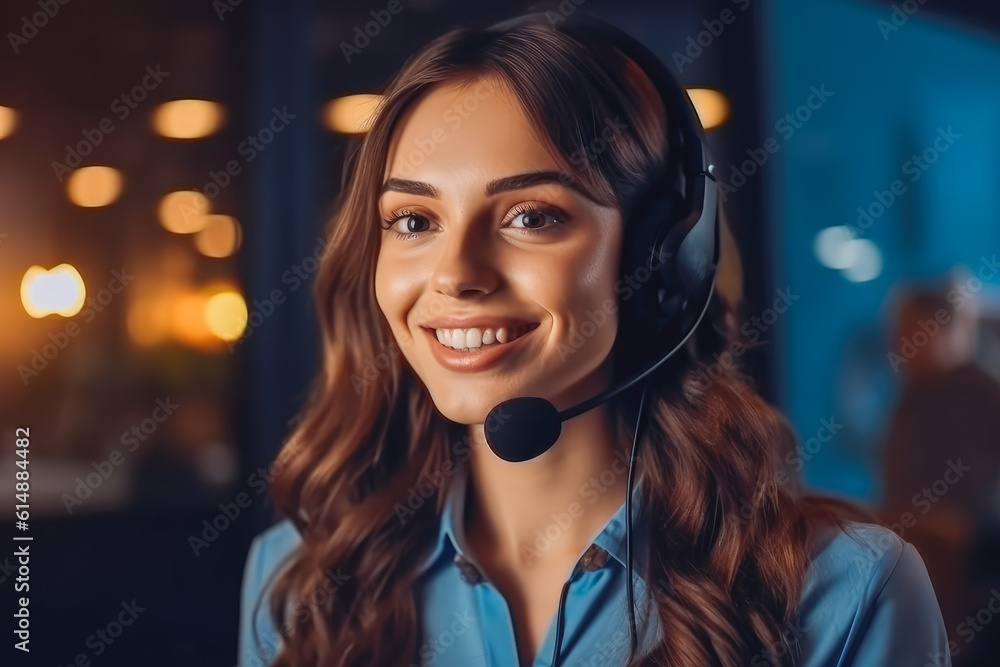 Portrait of a young attractive brown hair female with headphones smiling with the office in the background. Generative AI Portrait of a young attractive brown hair female with headphones smiling with the office in the background. Generative AI