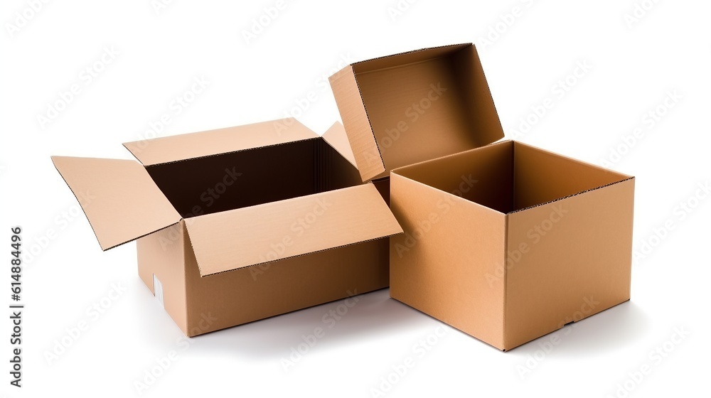 Opened and closed box over a white background - boxes are made with brown carton material - there is soft reflection Generative AI