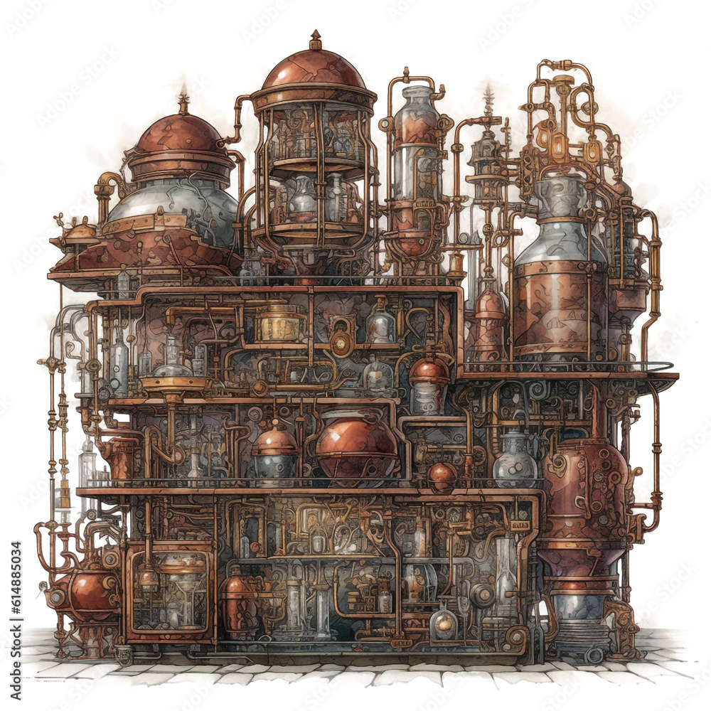 watercolor steampunk fantasy laboratory equipements isolated on a white background made with AI generative technology