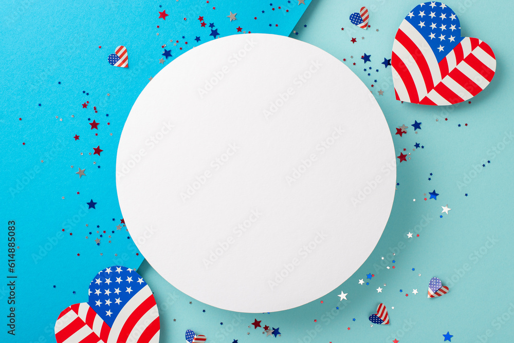Obraz premium Fourth of July celebration delight. Top view of patriotic embellishments: heart-shaped American flag motifs, gleaming confetti, set against pastel blue backdrop with blank circle for text or promotion