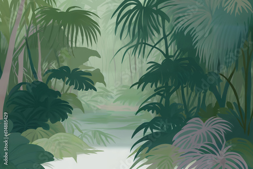 Jungle illustration in pastel colors. Painted beautiful tropical forest with exotic plants  palm trees  big leaves and ferns. Thicket of the rainforest. Simple nature drawing. Generative AI
