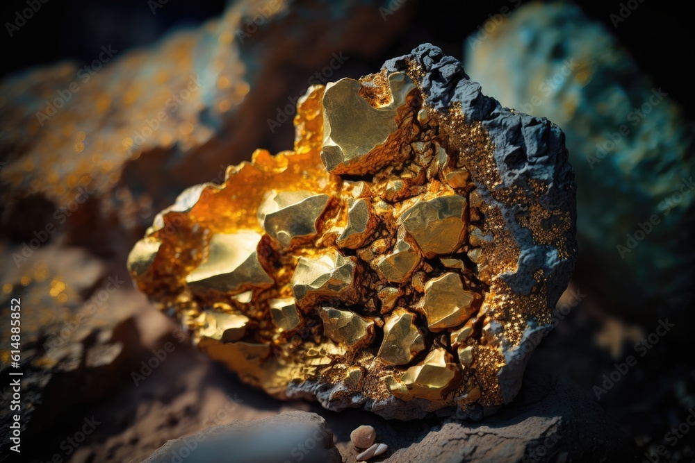 Obraz premium close-up view of a golden mineral specimen on a rock. Generative AI