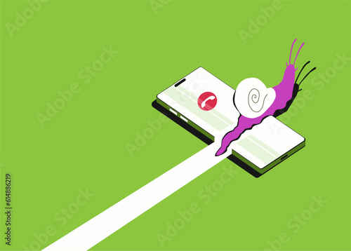 Slow life concept with a snail crawling through a smartphone with a missed call. Vector.