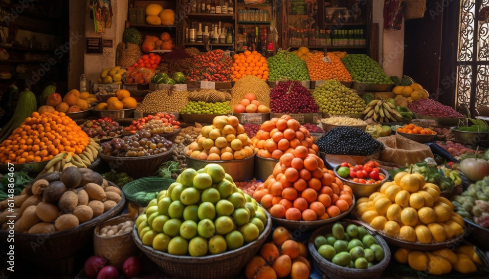 A large basket of multi colored fruits and vegetables for sale generated by AI