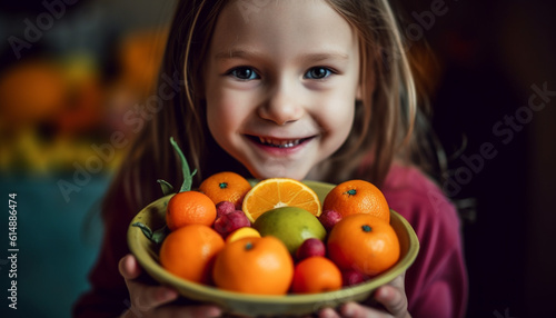 Cute, smiling girl holding fresh citrus fruit, enjoying healthy eating generated by AI