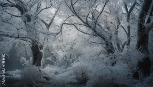 A spooky winter night, fog and mystery in the forest generated by AI