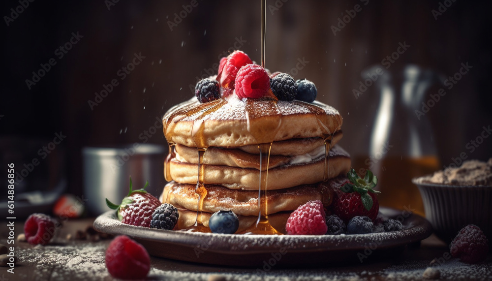 A stack of homemade pancakes with berry syrup and chocolate sauce generated by AI