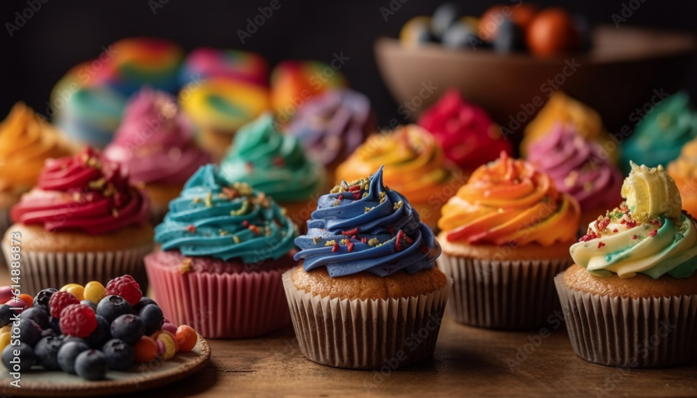 Cute fairy bakes homemade blueberry muffins with pink icing decoration generated by AI Cute fairy bakes homemade blueberry muffins with pink icing decoration generated by AI