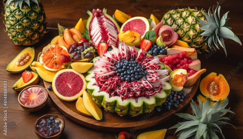 A juicy slice of fresh fruit salad, a healthy snack generated by AI A juicy slice of fresh fruit salad, a healthy snack generated by AI
