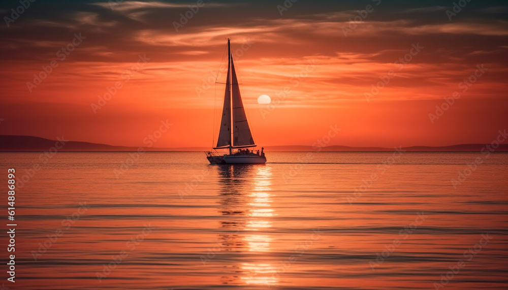 Sailing yacht glides on tranquil seascape, back lit by sunset generated by AI