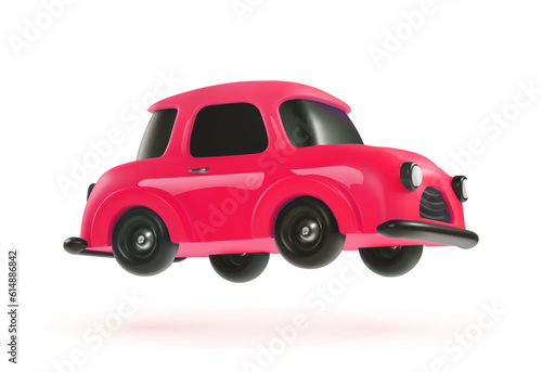 3d cartoon toy car red color vector design element on the light background. Kids vehicle. Baby transport mode