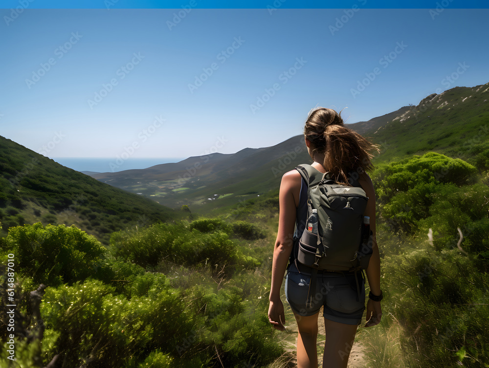 A woman hiker seen from back, walking in a beautiful landscape -- Generative AI