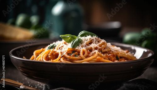 Freshly cooked vegetarian fettuccine with savory bolognese sauce and parmesan cheese generated by AI