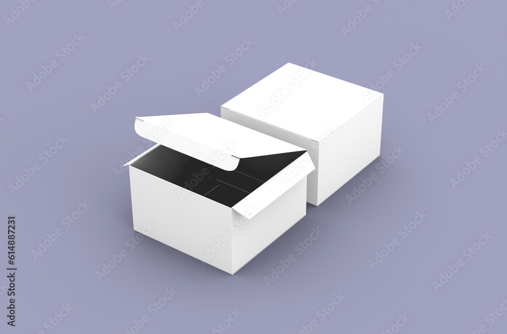 Opened square product box packaging mockup for brand advertising on a clean background. Opened square product box packaging mockup for brand advertising on a clean background.