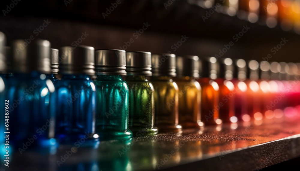A collection of colorful pills in a glass bottle generated by AI