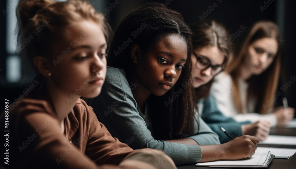 A multi ethnic group of school children smiling while studying indoors generated by AI A multi ethnic group of school children smiling while studying indoors generated by AI