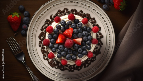 Indulgent homemade berry cheesecake with whipped cream and chocolate decoration generated by AI