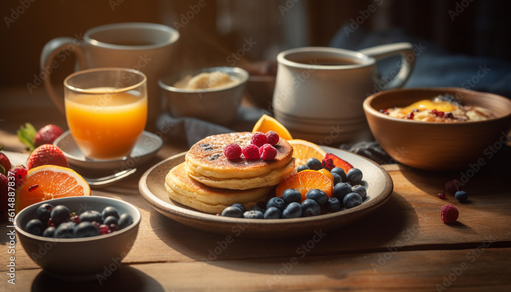 Fototapeta premium Fresh berry pancakes with homemade syrup and coffee on wood table generated by AI