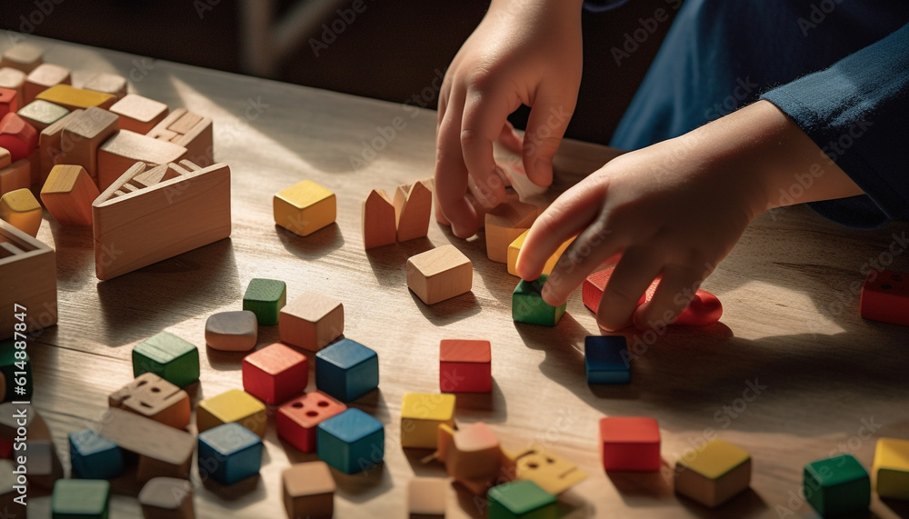 Child creativity blooms with multi colored toy blocks on table generated by AI Child creativity blooms with multi colored toy blocks on table generated by AI