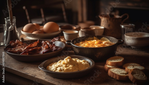 A rustic homemade meal on a wooden table with crockery generated by AI