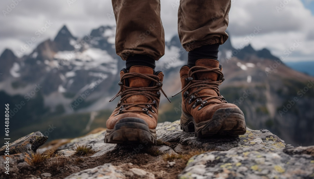One person conquers mountain peak with hiking boot and backpack generated by AI One person conquers mountain peak with hiking boot and backpack generated by AI