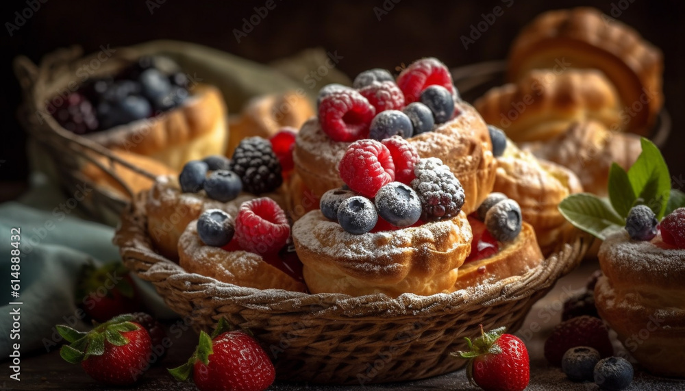 A rustic dessert plate with fresh berry indulgence and chocolate generated by AI A rustic dessert plate with fresh berry indulgence and chocolate generated by AI