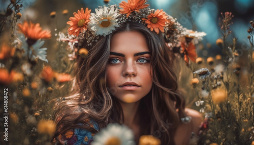 A young woman, looking at camera, smiling in nature beauty generated by AI