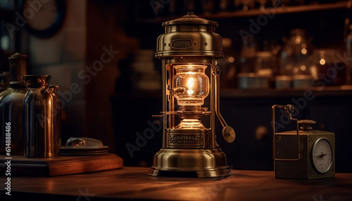 Old fashioned lantern illuminates rustic coffee shop, brewing fresh caffeine generated by AI