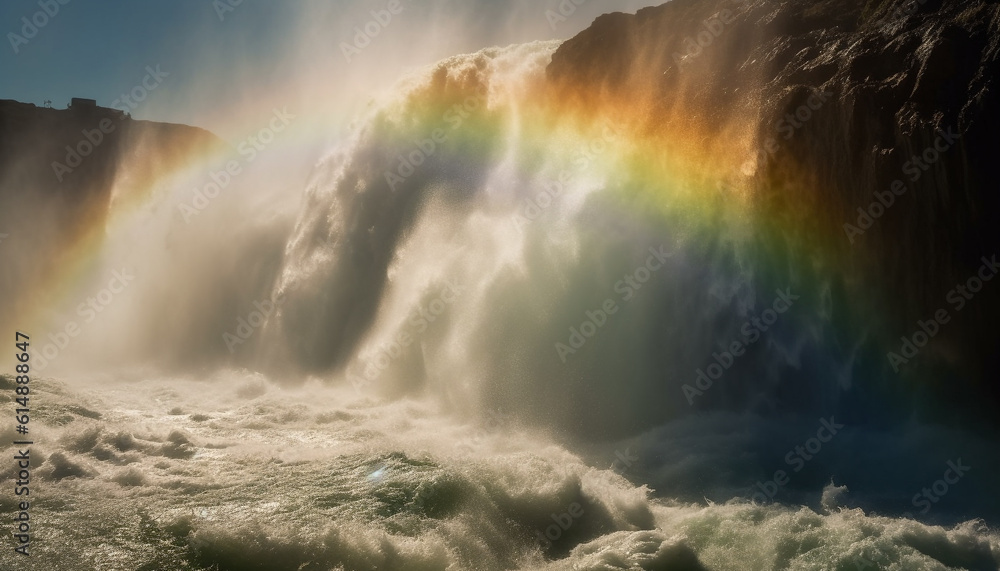 Falling rock creates multi colored spray in majestic coastal landscape generated by AI