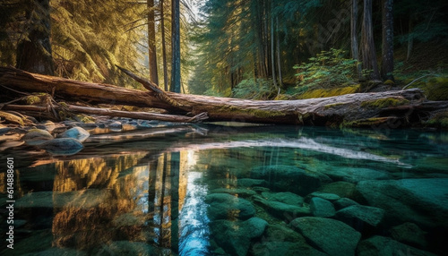 A tranquil scene of natural beauty a forest reflecting sunlight generated by AI
