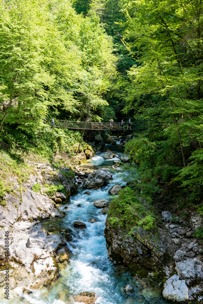 Tourists walking over rope bridge, suspended over wonderful Soca river tributary, deep in the slovenian Alps Tourists walking over rope bridge, suspended over wonderful Soca river tributary, deep in the slovenian Alps