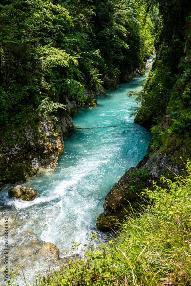 Wonderful Soca river , famous for its turquoise colour, passing through the rocky canyon, deep in the Slovenian Alps