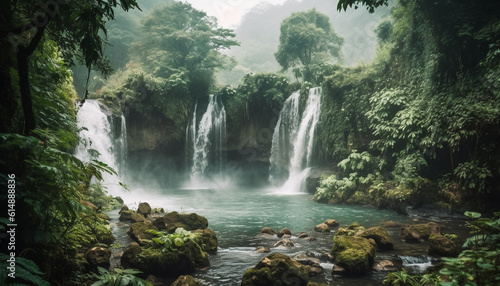 Rain drops falling on fresh leaves, flowing into tranquil pond generated by AI