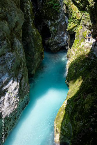 Bottom of crystal clear Soca river  one of the most beautiful european rivers  deep in the rocky canyon of slovenian Alps