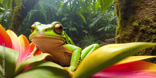 Tropical frog in jungle on a sunny day. Rainforest illustration with bright colorful amphibian among exotic plants with big leaves. Background with pristine nature landscape. Generative AI