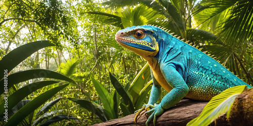 Tropical lizard in jungle on a sunny day. Rainforest illustration with bright colorful reptile among exotic plants with big leaves. Background with pristine nature landscape. Generative AI © Aleksei Solovev