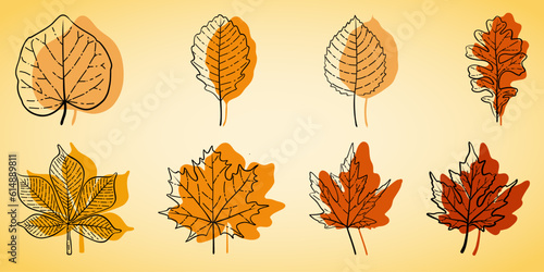 Set autumn linear hand-drawn with yellow, orange leaves
