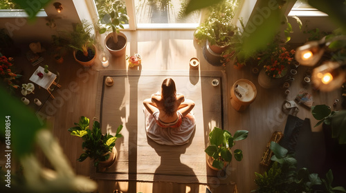 Vista de cima de uma mulher praticando yoga em um estúdio iluminado pelo sol