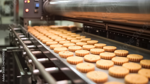 Production line of baking cookies. Biscuits on conveyor belt in confectionery factory. Production line at the bakery. Food Industry.
