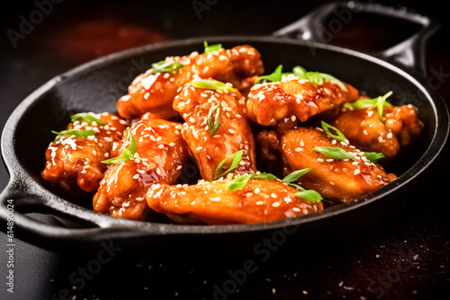 Fried chicken wings glazed in honey sauce on a black pan. American cuisine. 