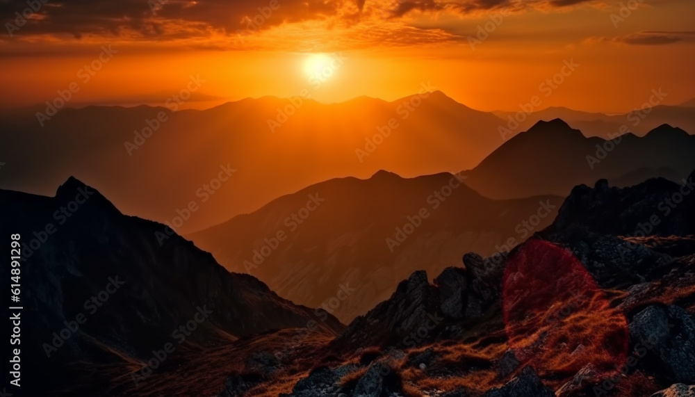 Majestic mountain range silhouetted against tranquil sunset, a breathtaking landscape generated by AI