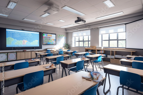 Modern and technology-equipped school classroom with smart boards and tablets. Generative AI