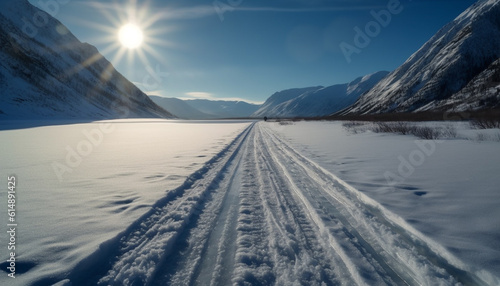 Tranquil scene: frozen mountain range, bright sun, clear sky, beauty generated by AI